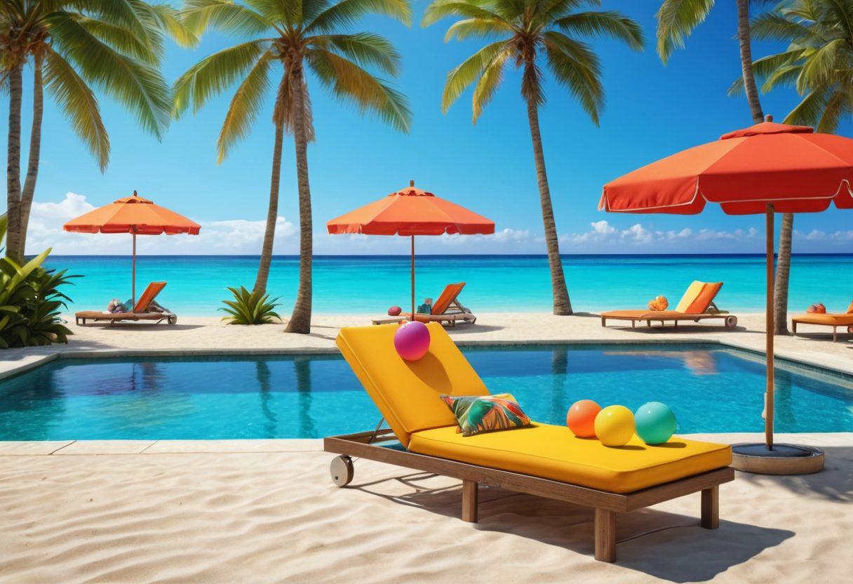A vibrant beach scene with a stylish poolside lounge area, featuring trendy beachwear displayed on mannequins. The background shows a stunning tropical beach with crystal clear water and palm trees, while colorful beach umbrellas and sun loungers frame the scene. Add playful elements like beach balls and sunglasses scattered around to evoke a fun summer vibe. super-realistic. vibrant colors. tropical theme.